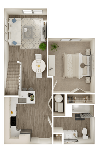 Floor plan for 1 bed, 1 bath, 730 sqft